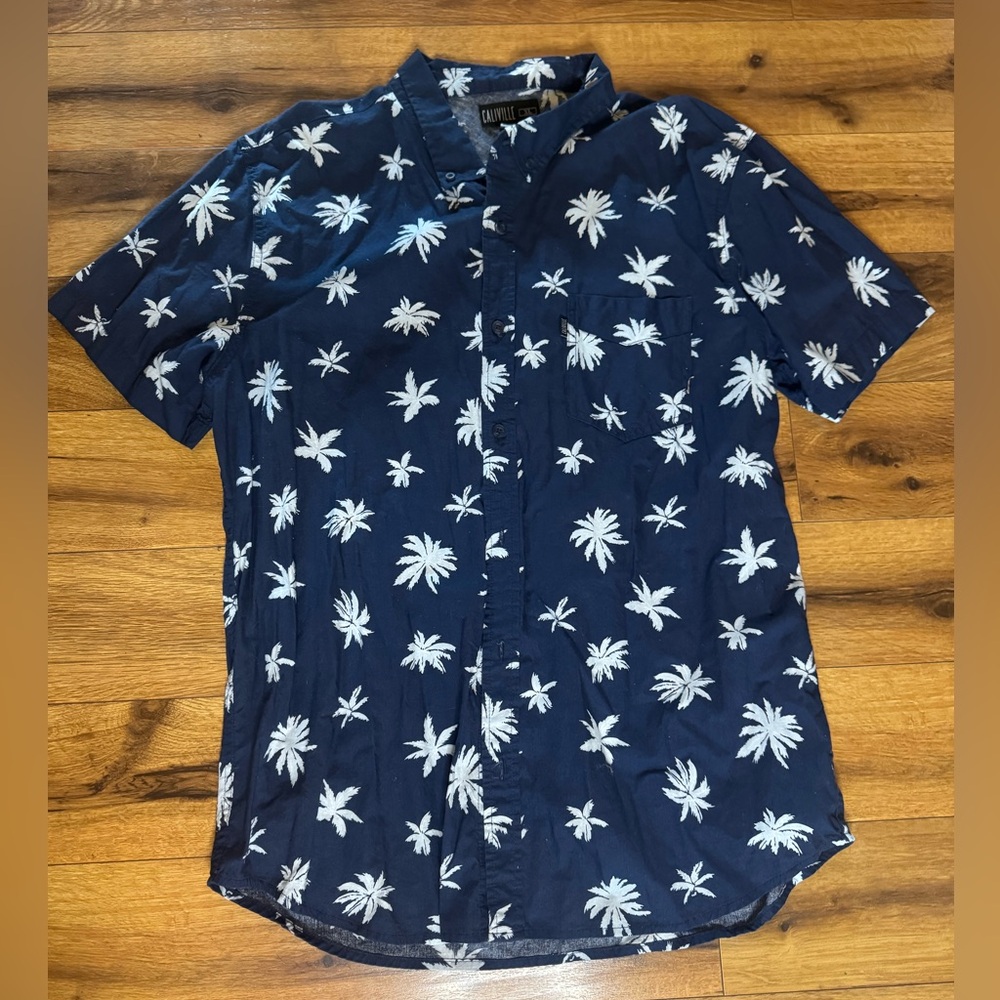Blue and White Casual Button Down Shirt with Palm Tree Print